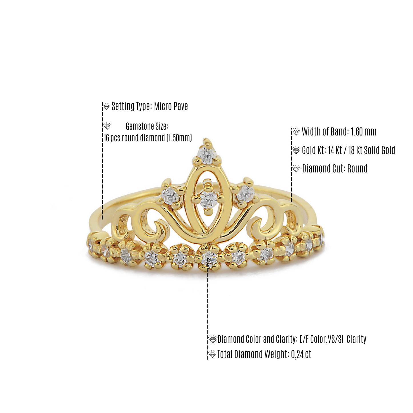 Crown Shaped Diamond Ring / Princess Tiara Crown Ring / Quenn Tiara Diamond Band Ring / Handmade 14k and 18k Solid Gold Stackable Ring