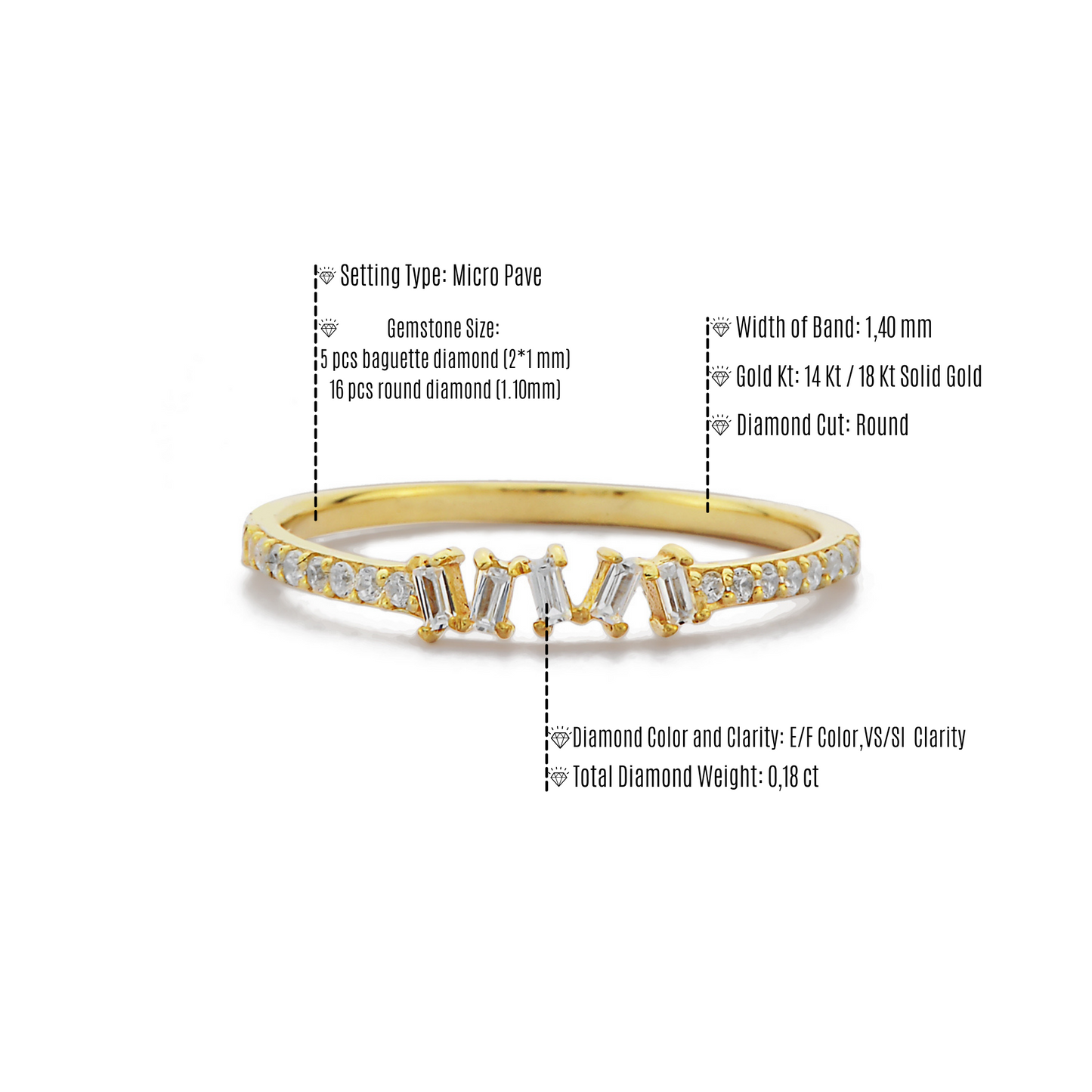 Cluster Zig Zag Shaped Ring / Baguette and Round Diamond Cocktail Ring / Half Eternity Ring / Handmade 14k 18k Solid Gold Stackable Ring