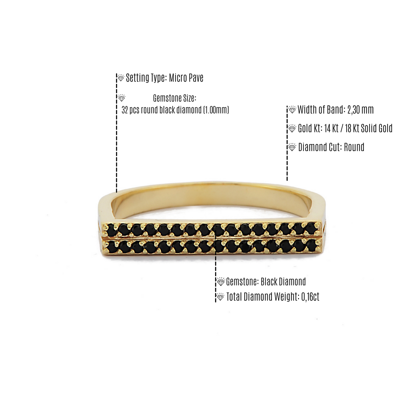 Dubbele Band Zwarte Diamanten Ring, Handgemaakte Gebogen Aangepaste Ontwerp 14k 18k Golid Gouden Ring