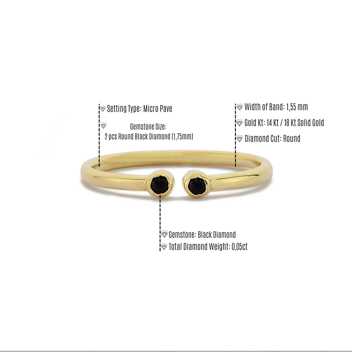 Twee Stenen Open Bezel Verstelbare Ring, Open Manchet Dubbele Zwarte Diamant Bezel Set Ring, Handgemaakte 14k Massief Gouden Ring