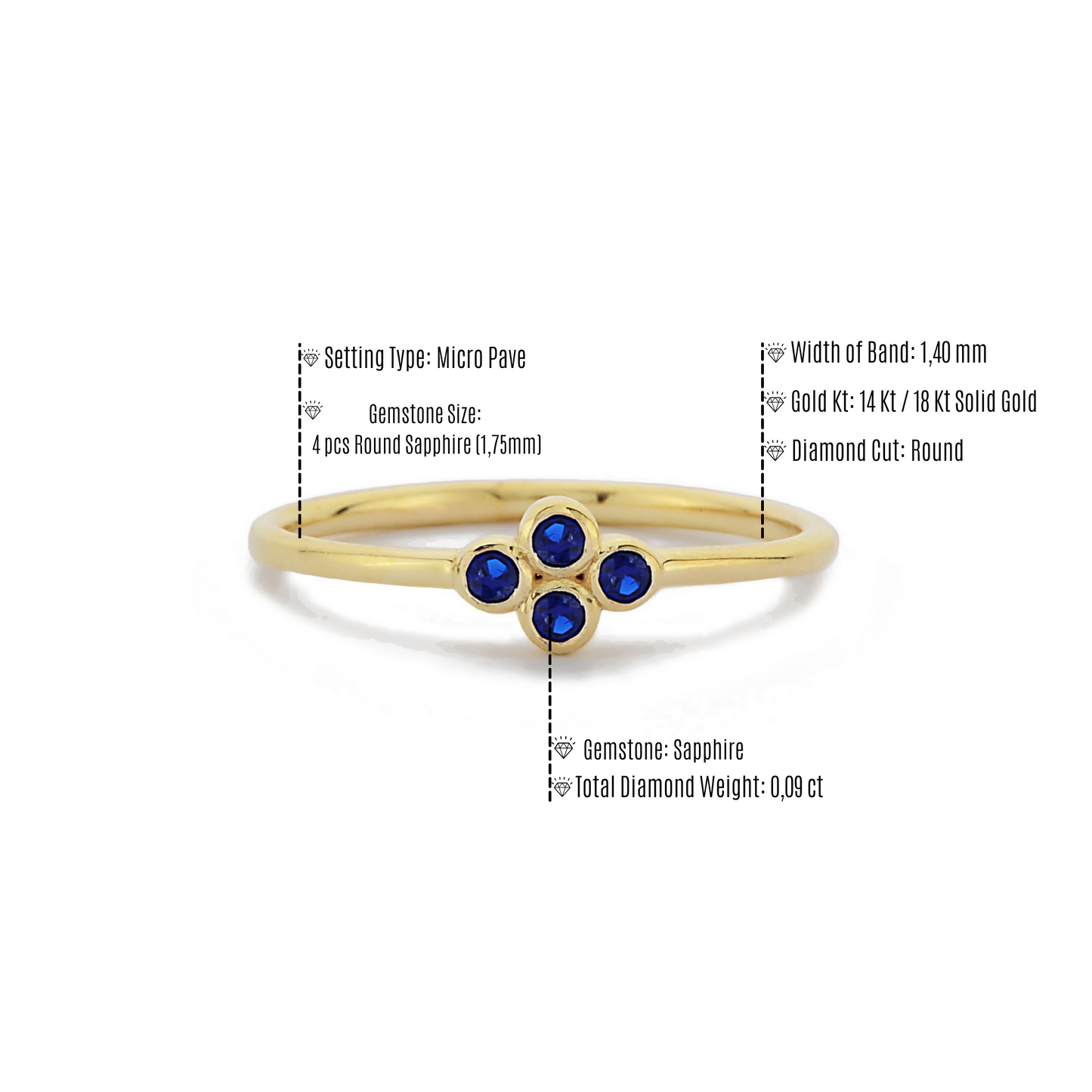 Vier Steen Blauwe Saffier Diamanten Ring Trouwring, Handgemaakte Zwarte Diamant Solitaire 14k 18k Massief Gouden Ring Voor Porposal