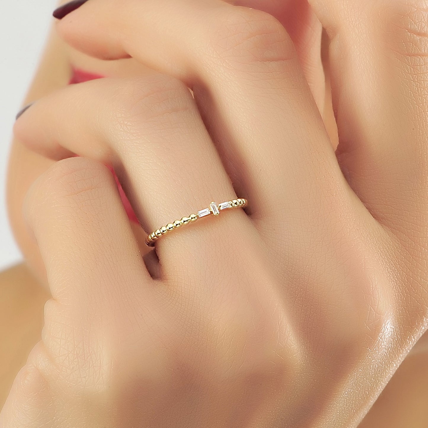 Diamanten Kralen Band Ring, Minimalistische Kruis Cluster Ring, Handgemaakte 14k Massief Gouden Symbolische Kruis Ring