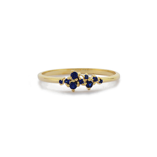 Cluster Ronde Blauwe Saffier Diamanten Ring Speciale Gelegenheden, Handgemaakte Gebogen Zwarte Diamant Aangepaste Minimalistische Ontwerprp
