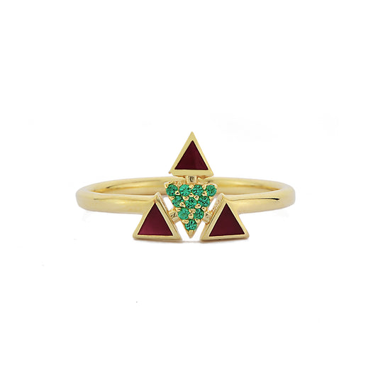 Driehoekige Emailring, Moderne Gepersonaliseerde Gebogen Cluster Groene Smaragd Diamanten Ring, Handgemaakte 14k en 18k Massief Gouden Ring