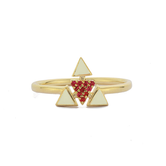 Driehoekige Emailring, Moderne Gepersonaliseerde Gebogen Cluster Rode Robijn Diamanten Ring, Handgemaakte 14k en 18k Massief Gouden Ring