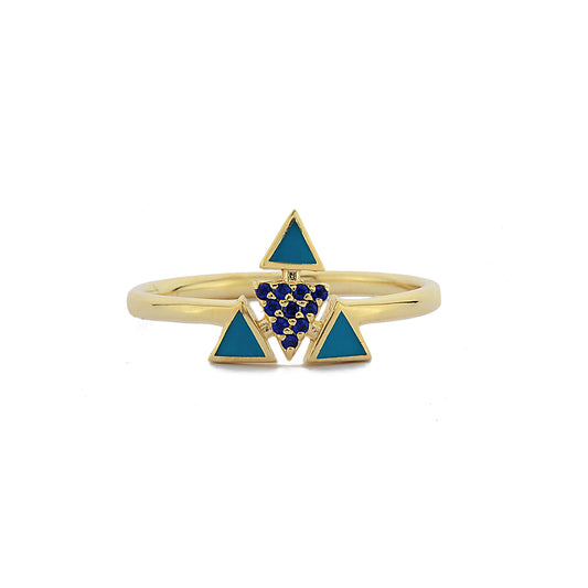 Driehoekige Emailring, Moderne Gepersonaliseerde Gebogen Cluster Blauwe Saffier Diamanten Ring, Handgemaakte 14k en 18k Massief Gouden Ring