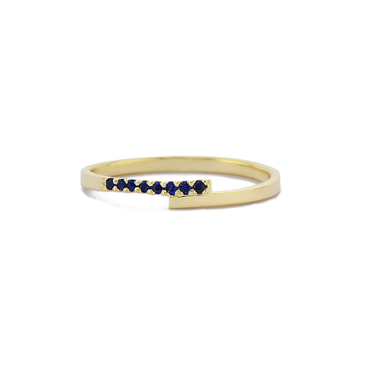 Parallelle Minimalistische Blauwe Saffier Diamanten Bandring, Kruis Over Kleine Diamanten Clusterring, Handgemaakte 14k 18k Massief Gouden Ring