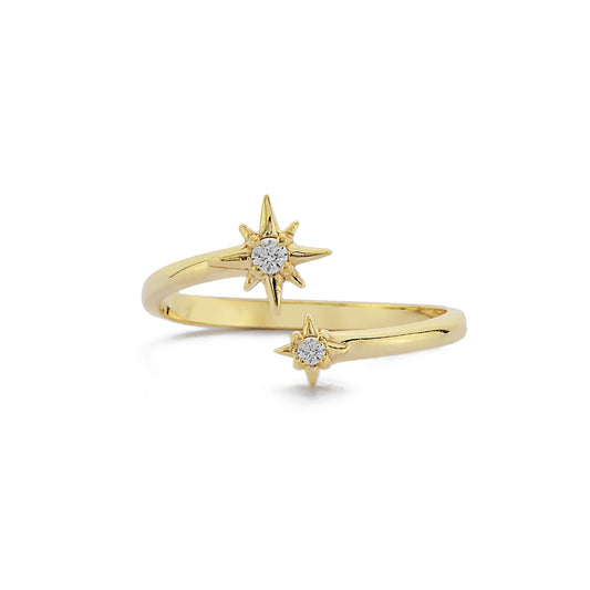 Open Stervormige Witte Diamanten Ring, Verstelbare Handgemaakte 14k Massief Gouden Ring, Astrale Planetaire Gebogen Ring