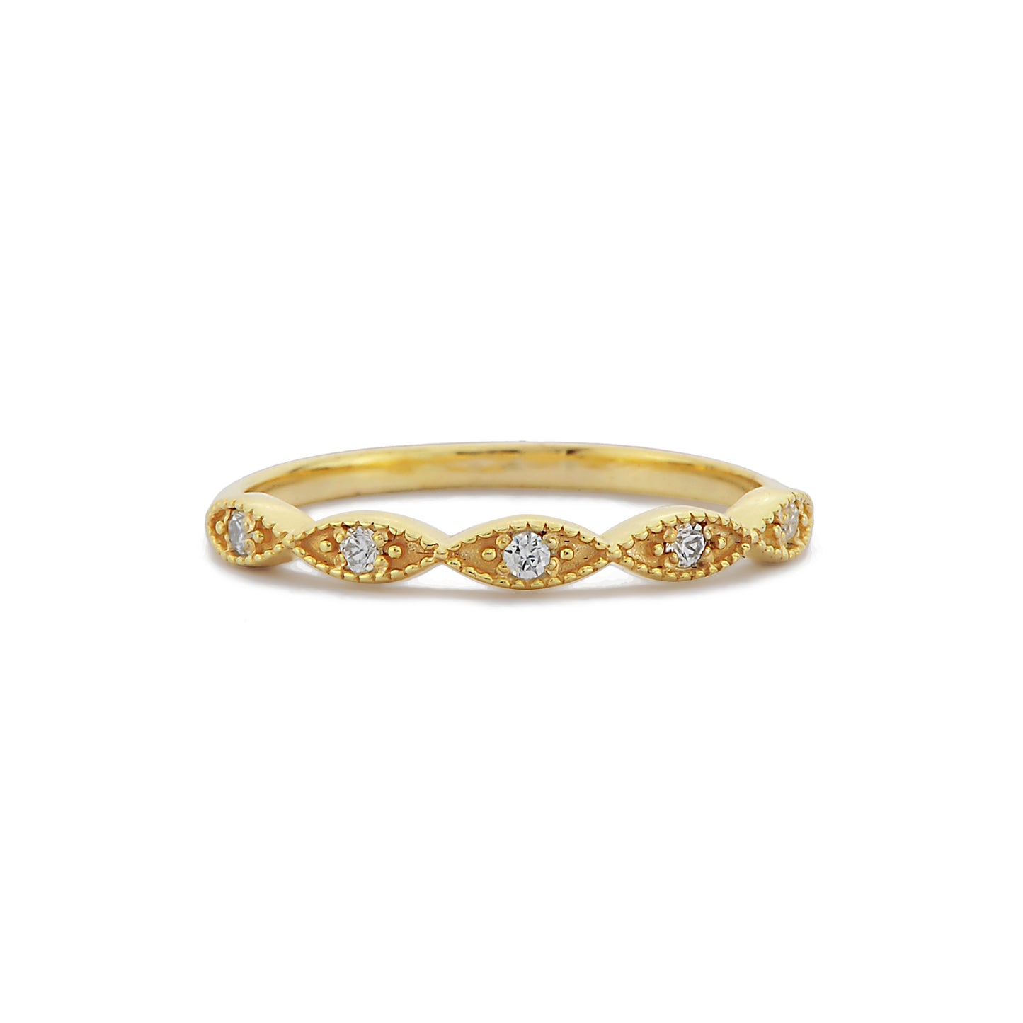 Retro Witte Diamanten Kralen Marquise Gouden Dames Ring