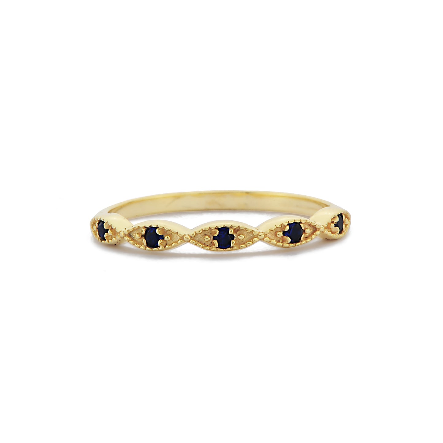 Retro Blauwe Saffier Diamanten Halve Eeuwigheid Band Ring Voor Voorstel, Kralen Marquise Vormige Ring, Handgemaakte 14k en 18k Massief Gouden Ring