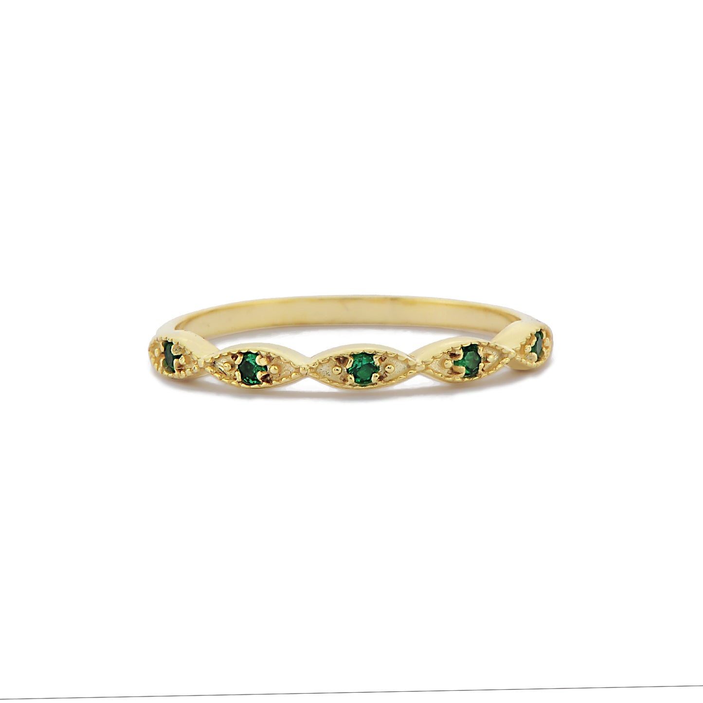 Retro Groene Smaragd Diamanten Halve Eeuwigheid Band Ring Voor Voorstel, Kralen Marquise Vormige Ring, Handgemaakte 14k en 18k Massief Gouden Ring
