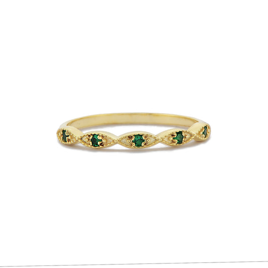 Retro Groene Smaragd Diamanten Halve Eeuwigheid Band Ring Voor Voorstel, Kralen Marquise Vormige Ring, Handgemaakte 14k en 18k Massief Gouden Ring