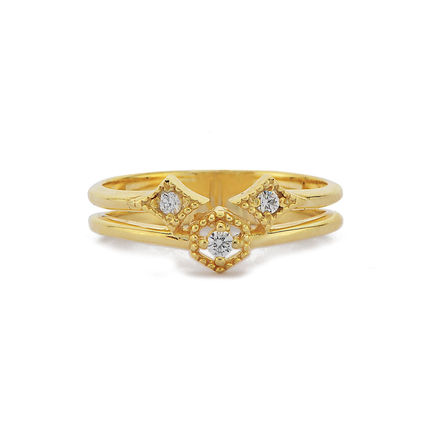 Vintage Kralen Enhancer Diamanten Ring, Handgemaakt Ronde Geslepen Solitaire 14k Gouden Ring