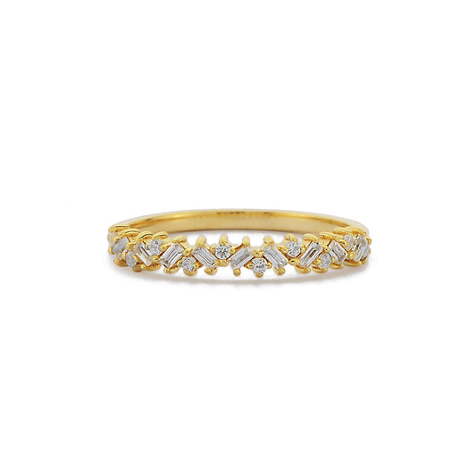 Cluster Zig Zag Ring / Baguette and Round Diamond Cocktail Ring / Half Eternity Ring / Handmade 14k 18k Solid Gold Stackable Ring