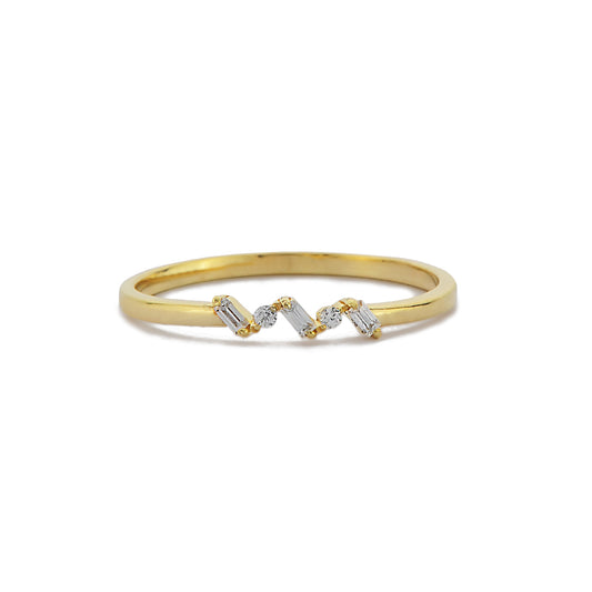 Minimalistische Cluster Zigzag Verlovingsring, Stokbrood En Ronde Diamanten Cocktailring, Handgemaakte Halve Eeuwigheid 14k Massief Gouden Ring