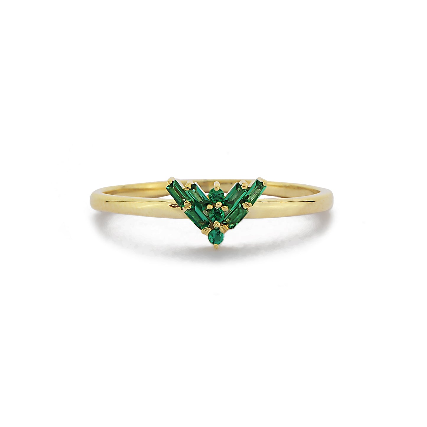 Driehoekige Stokbrood Smaragdgroene Ring, Handgemaakte Driehoek Cluster Stokbrood 14k Gouden Ring, Stokbrood Ronde Smaragdgroene