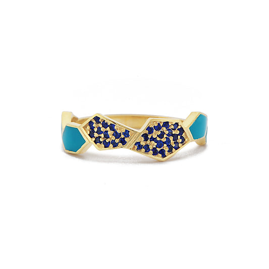 Honingraat Emaille Blauwe Saffier Diamanten Gouden Ring