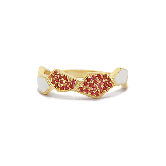 Honingraat Emaille Rode Robijn Diamanten Ring, Handgemaakte Zeshoekige Gebogen Custom Design Ring Voor Trouwdag