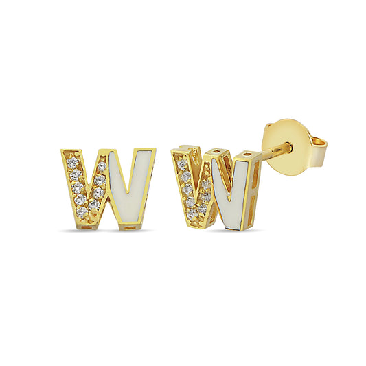 Eerste W Letter Oorbel, Emaille Diamant W Letter Oorbel, Handgemaakte 14k en 18k Massief Gouden Oorbel Voor Valentijnsdag