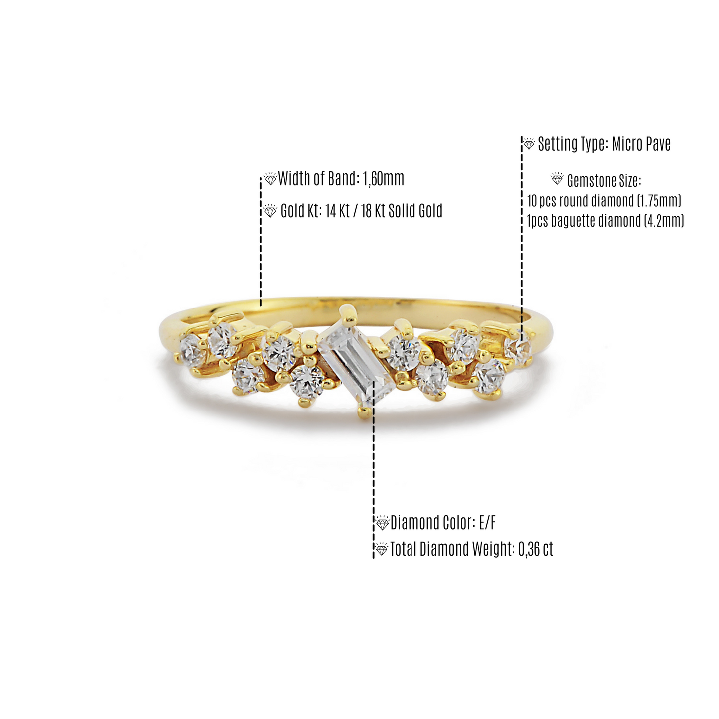 Handgemaakte Echte Diamanten Stokbrood En Ronde Mix Ring, Cluster 14k Massief Gouden Sierlijke En Minimalistische Ring