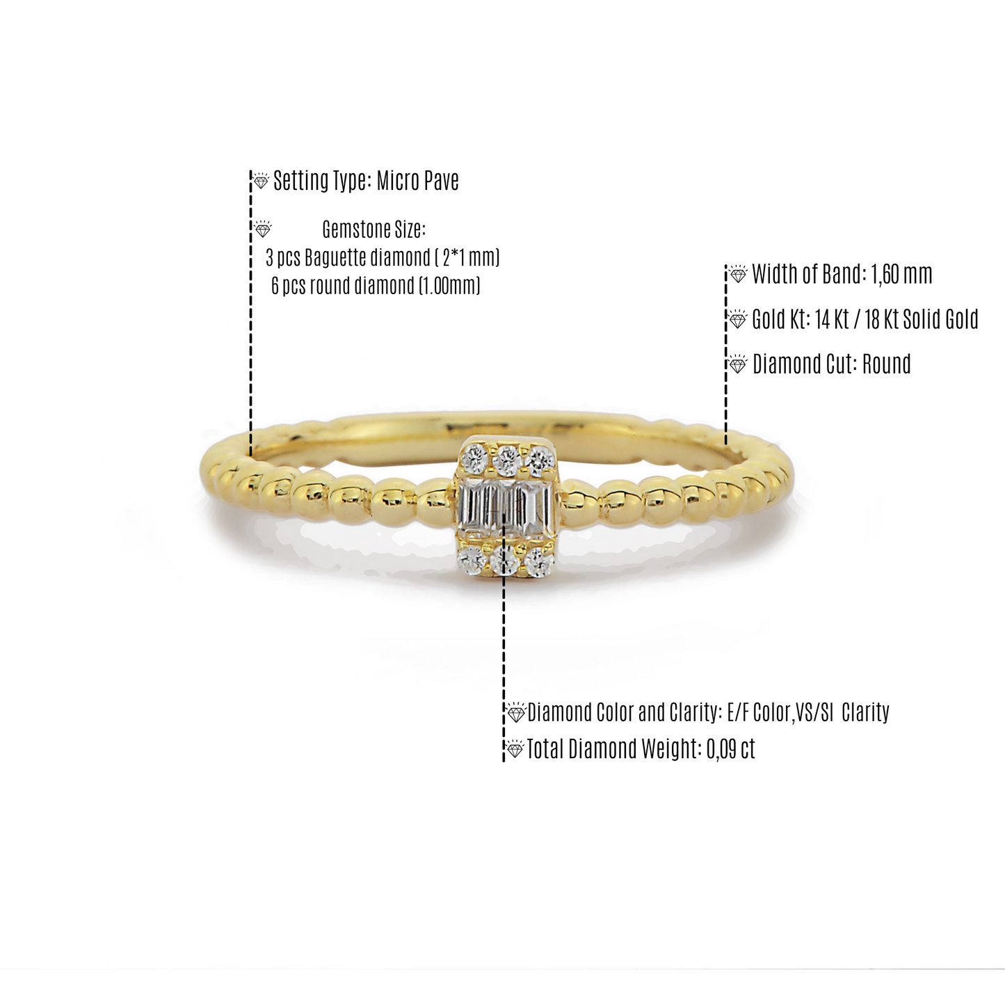 Kralen Band Stokbrood Diamanten Verlovingsring, Minimalistische 14k Massief Gouden Ring, Kleine Diamanten Trouwring