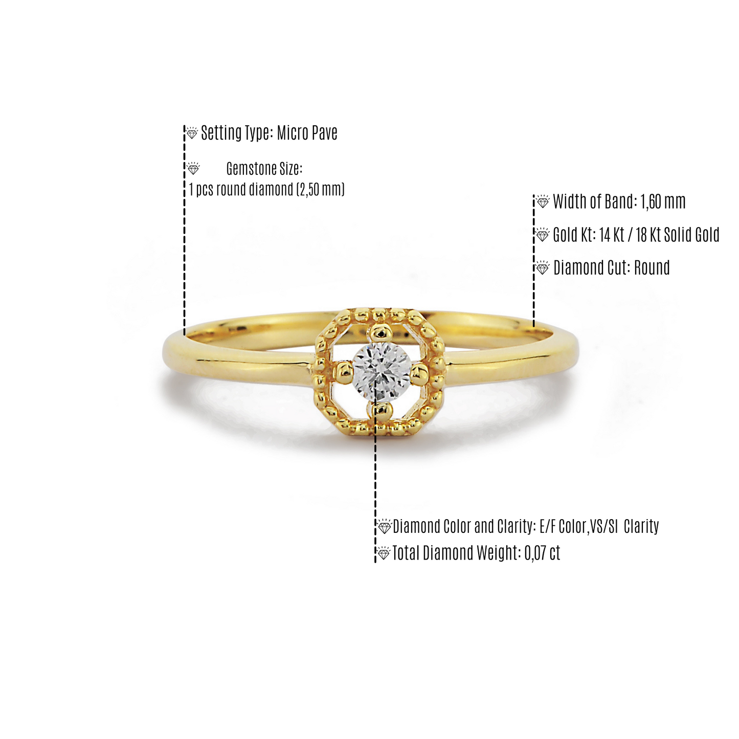 Kralen Diamanten Massief Gouden Ring, Minimalistische 14k Massief Gouden Verlovingsring, Kleine Diamanten Trouwring