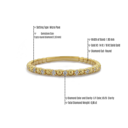 Kralen Diamant Massief Gouden Ring, Kralen Halve Eeuwigheid Diamant  Trouwring, Kleine Diamanten 14k Massief Gouden Ring