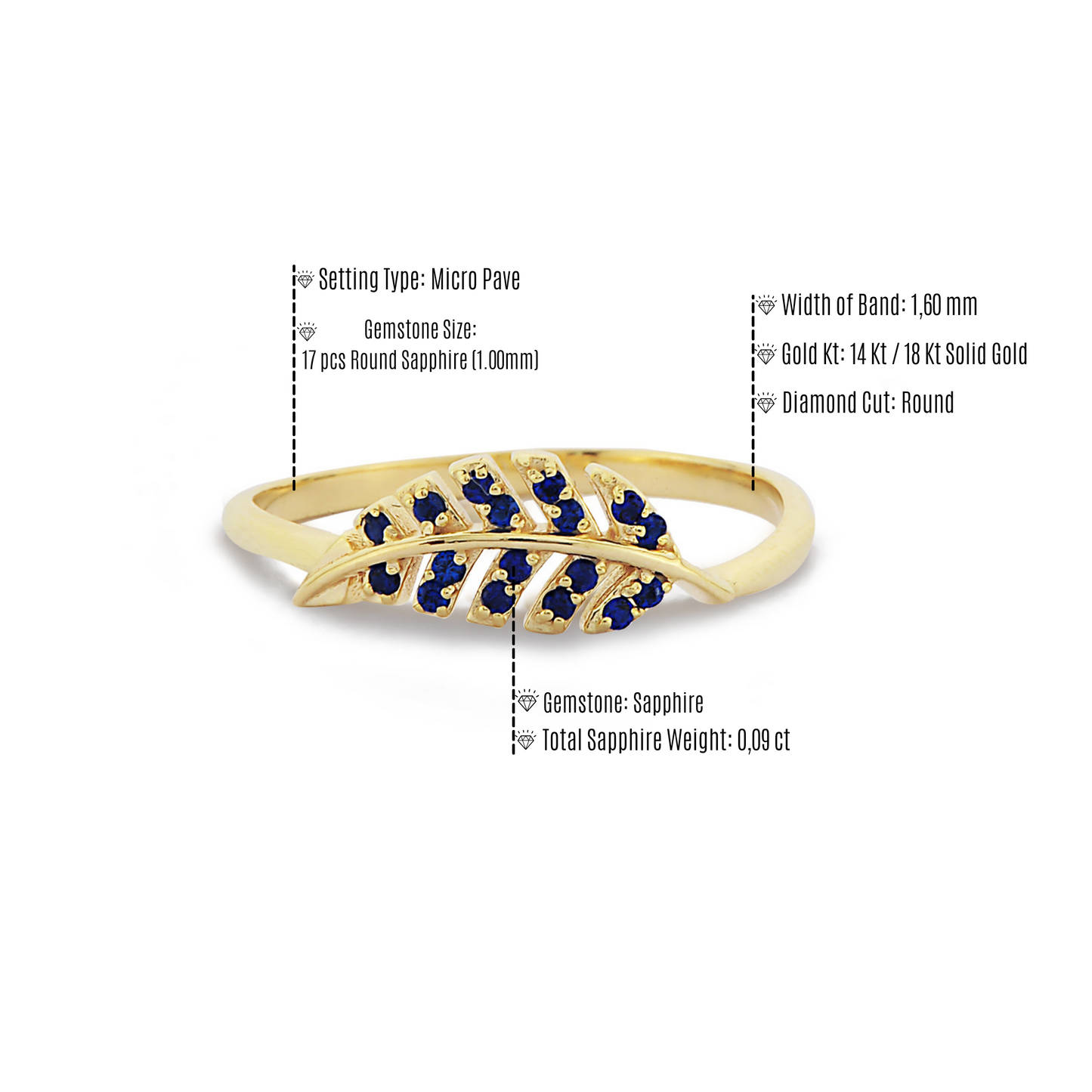 Bladvormige Blauwe Saffier Diamanten Gouden Ring