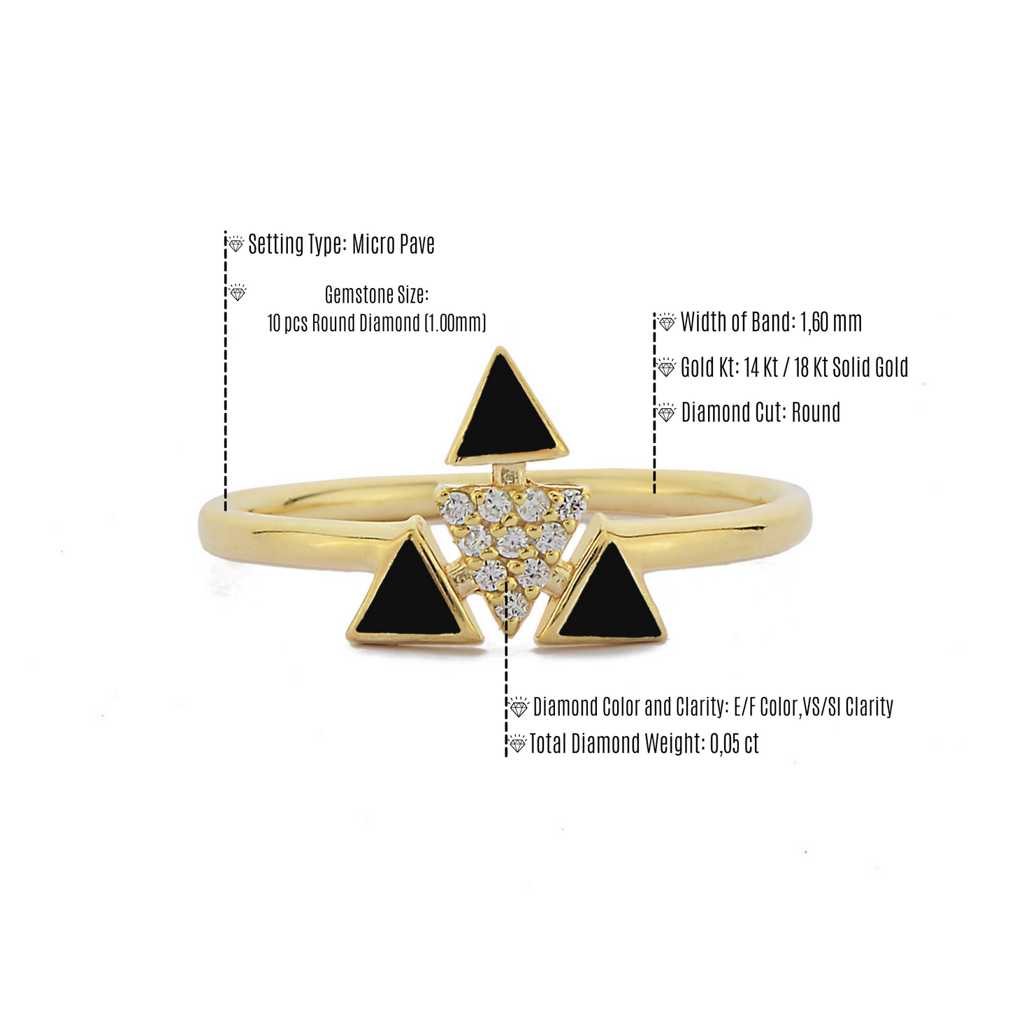 Driehoekige Emailring, Moderne Gepersonaliseerde Gebogen Cluster Witte Diamanten Ring, Handgemaakte 14k en 18k Massief Gouden Ring