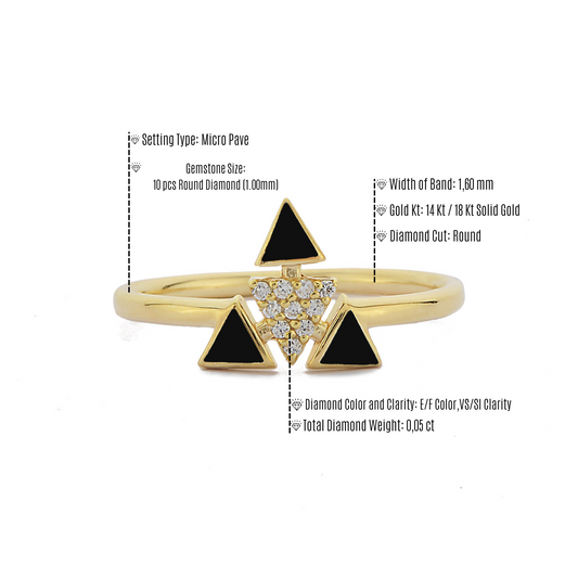 Driehoekige Emailring, Moderne Gepersonaliseerde Gebogen Cluster Witte Diamanten Ring, Handgemaakte 14k en 18k Massief Gouden Ring