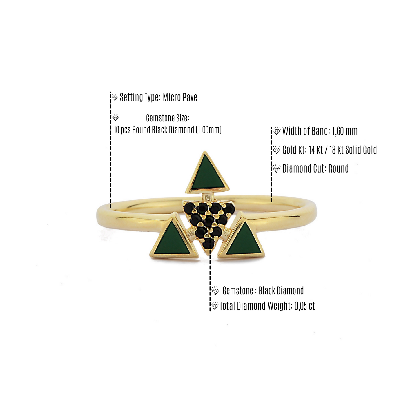 Driehoekig Emailring Zwart Diamanten Gouden Dames Ring