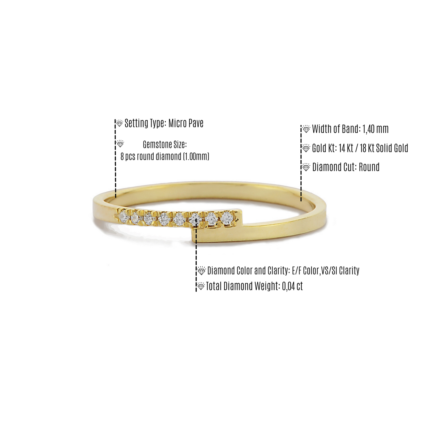 Parallelle Minimalistische Diamanten Bandring, Kruis Over Kleine Diamanten Clusterring, Handgemaakte 14k 18k Massief Gouden Ring