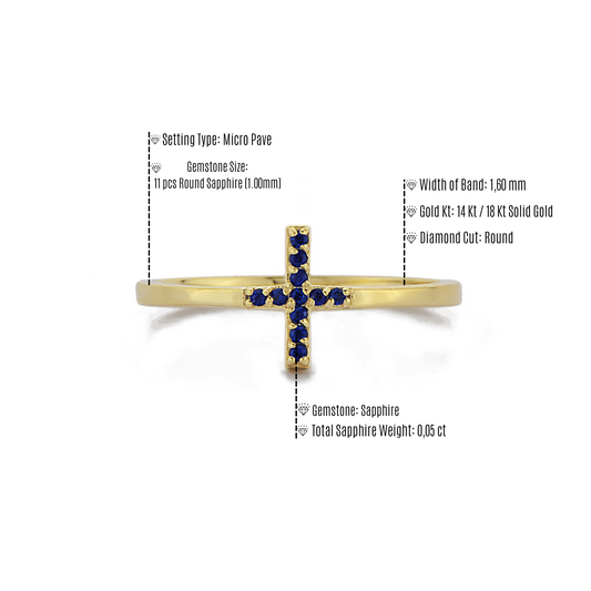 Kruis Blauwe Saffier Plus Vormige Ring Voor Verloving en Huwelijksaanzoek, Minimalistische Handgemaakte Cluster 14k 18k Massief Gouden Ring