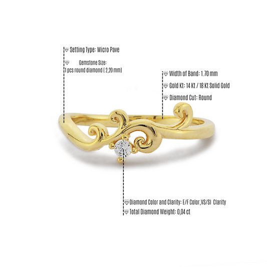 Gebogen Diamanten Gouden Ring, Handgemaakte 14k 18k Massief Gouden Ivy Golvende Vormige Diamanten Band Ring