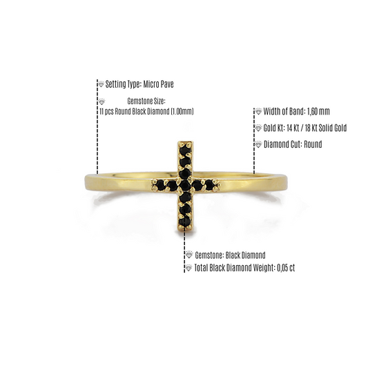 Kruis Zwarte Diamant Plus Vormige Ring Voor Verloving en Huwelijksaanzoek, Minimalistische Handgemaakte Cluster 14k 18k Massief Gouden Ring