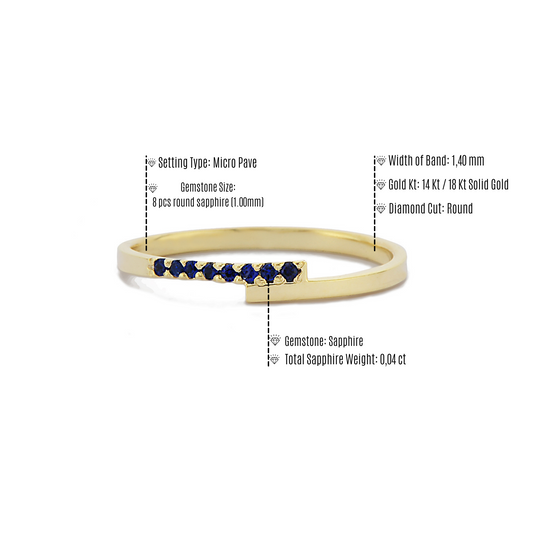 Parallelle Minimalistische Blauwe Saffier Diamanten Bandring, Kruis Over Kleine Diamanten Clusterring, Handgemaakte 14k 18k Massief Gouden Ring