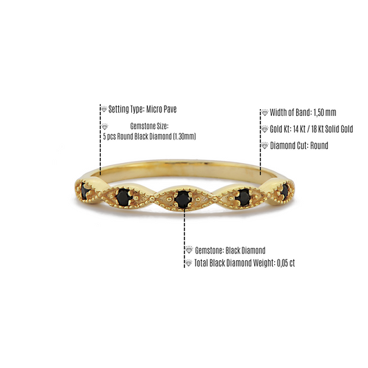 Retro Zwarte Diamanten Halve Eeuwigheid Band Ring Voor Voorstel, Kralen Marquise Vormige Ring, Handgemaakte 14k en 18k Massief Gouden Ring