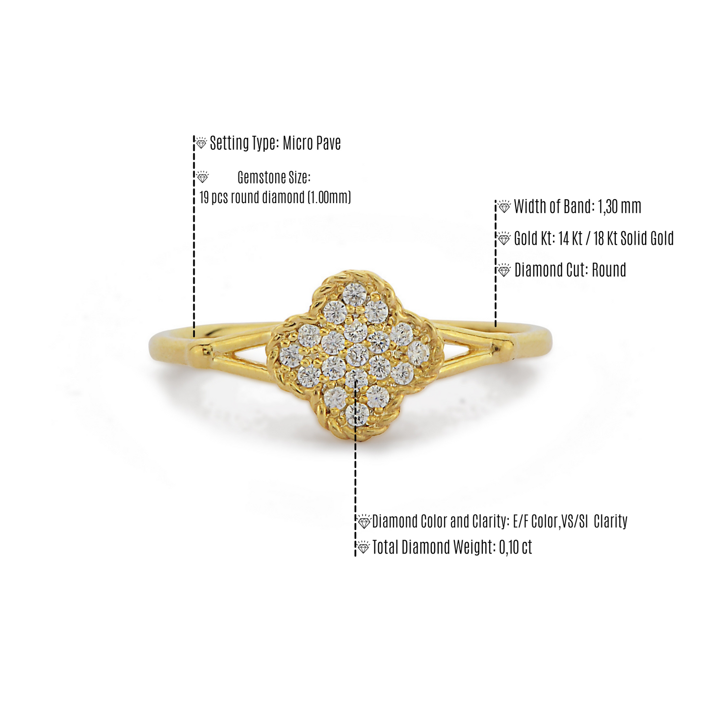 Klavertje Vier Vormige Diamanten Ring, Handgemaakte Gevlochten Gebogen Cluster Massief Gouden Ring, Gedraaide Vorm Belofte Ring