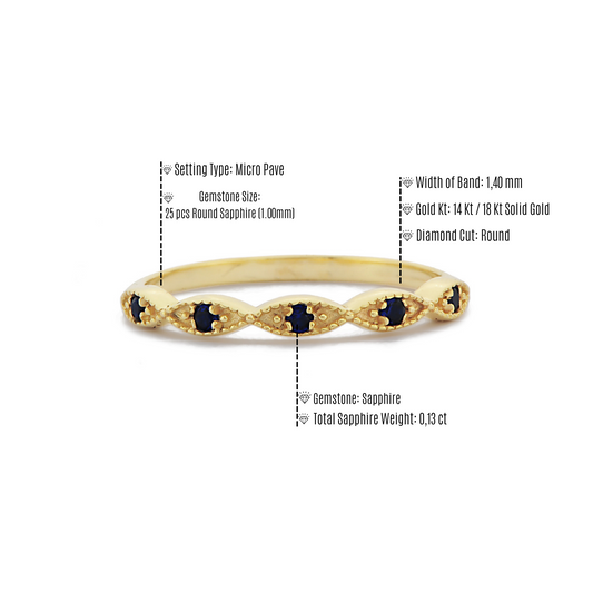 Retro Blauwe Saffier Diamanten Halve Eeuwigheid Band Ring Voor Voorstel, Kralen Marquise Vormige Ring, Handgemaakte 14k en 18k Massief Gouden Ring