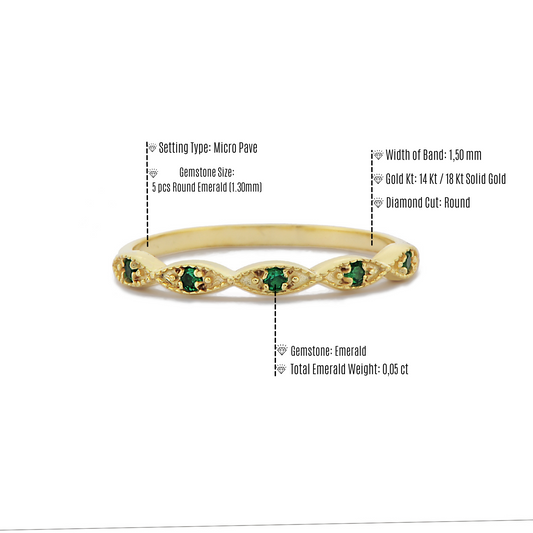 Retro Groene Smaragd Diamanten Halve Eeuwigheid Band Ring Voor Voorstel, Kralen Marquise Vormige Ring, Handgemaakte 14k en 18k Massief Gouden Ring