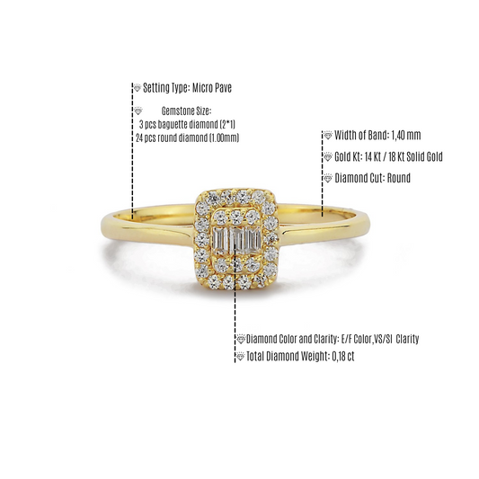 Handgemaakte 14k Massief Gouden Baguette Cluster Diamanten Ring, Vierkante Baguette Rn Ronde Gemengde Ring