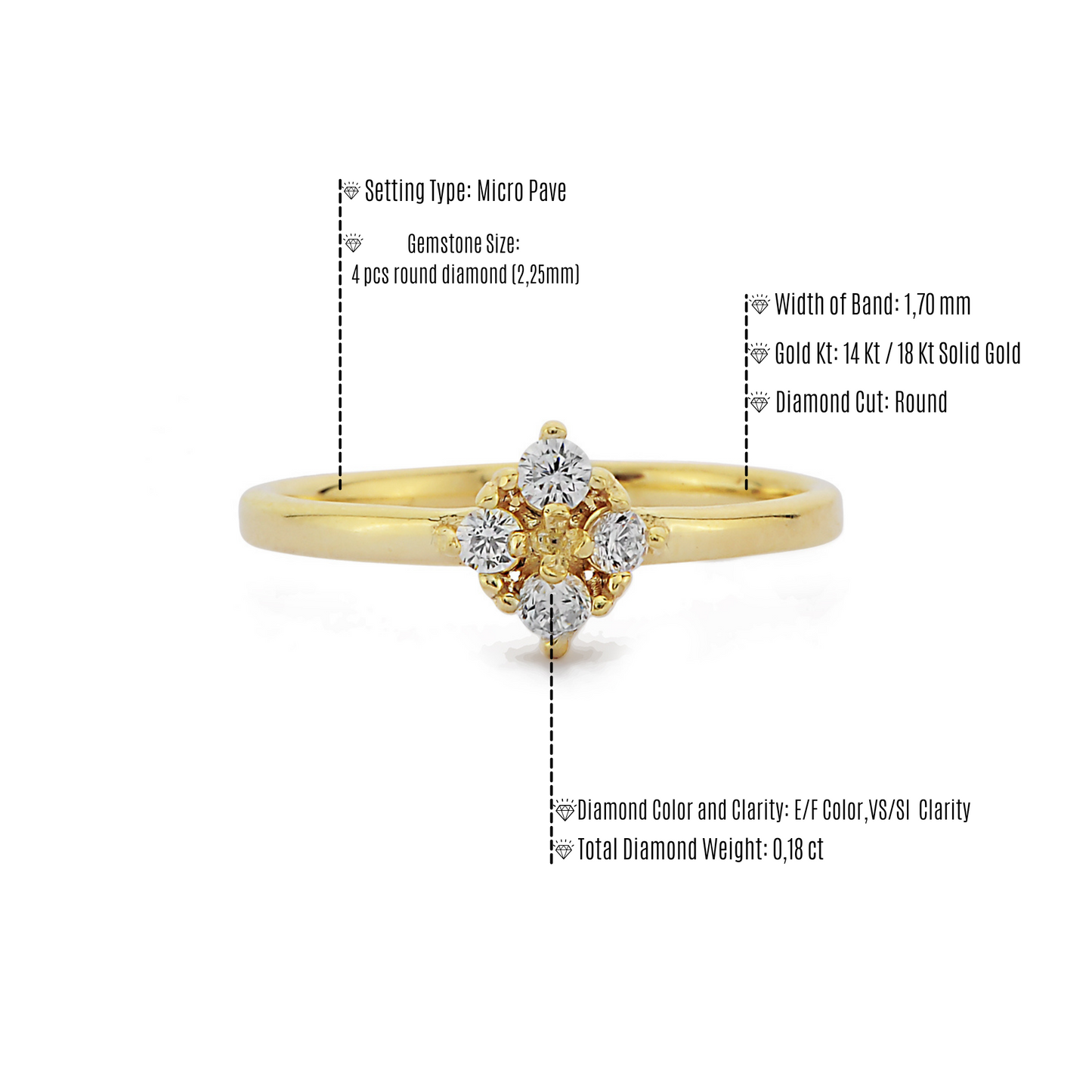Vier Diamanten Verlovingshuwelijksring, Ronde Diamanten Clusterring, Minimalistische Handgemaakte 14k Massief Gouden Ring