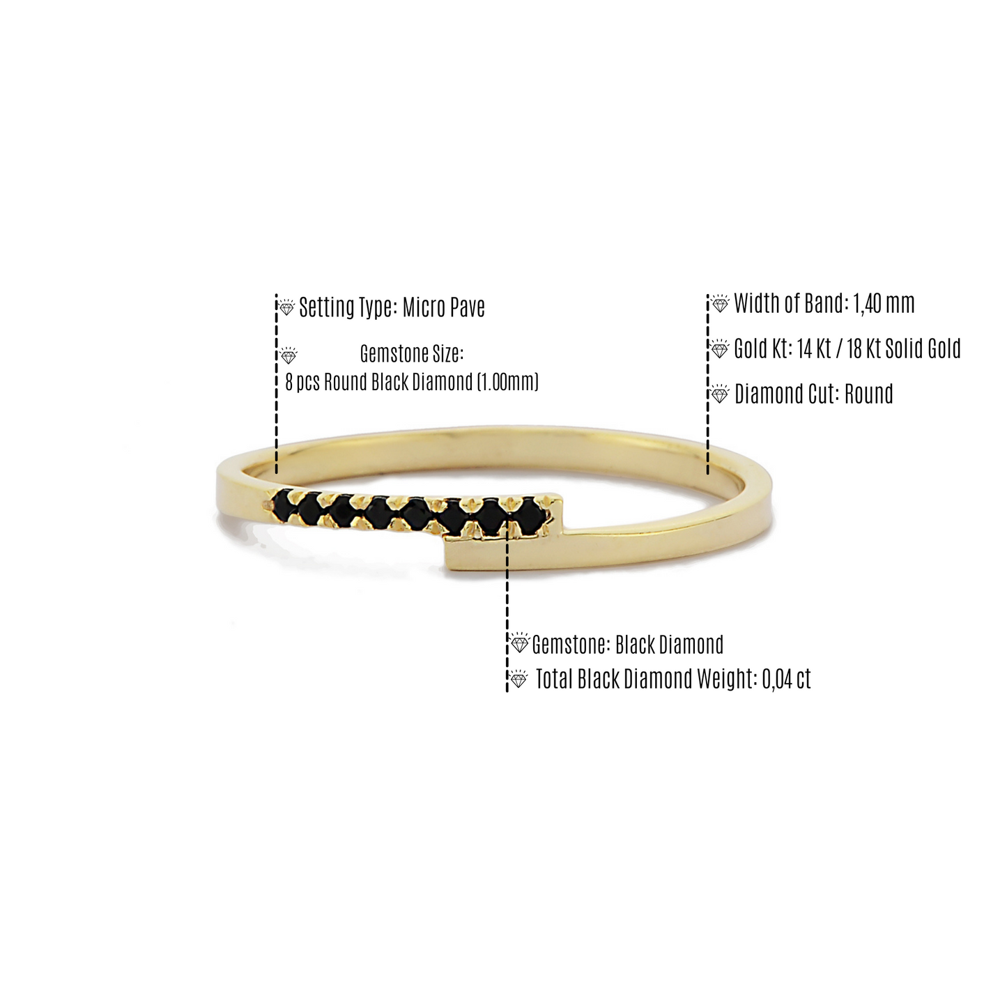 Parallelle Minimalistische Zwarte Diamanten Bandring, Kruis Over Kleine Diamanten Clusterring, Handgemaakte 14k 18k Massief Gouden Ring