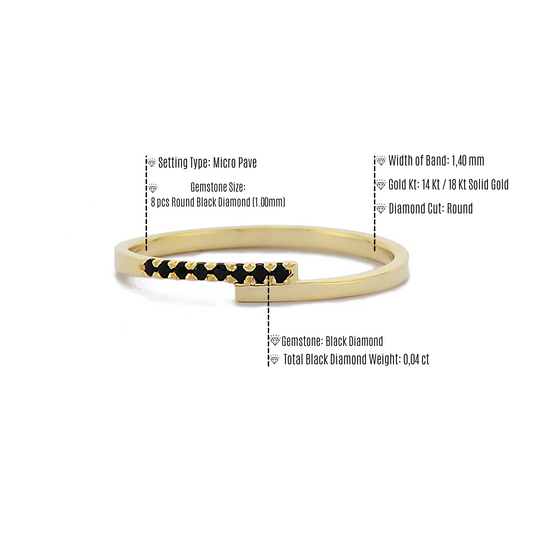 Parallelle Minimalistische Zwarte Diamanten Bandring, Kruis Over Kleine Diamanten Clusterring, Handgemaakte 14k 18k Massief Gouden Ring