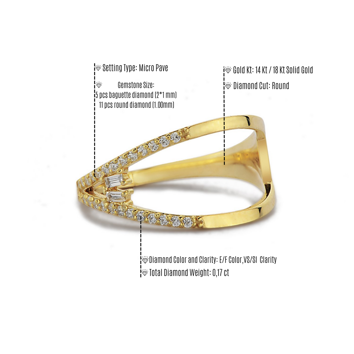 Dubbele Band Diamanten Ring, Cluster Stokbrood en Ronde Diamanten Ring Handgemaakte 14k 18k Massief Gouden Ring