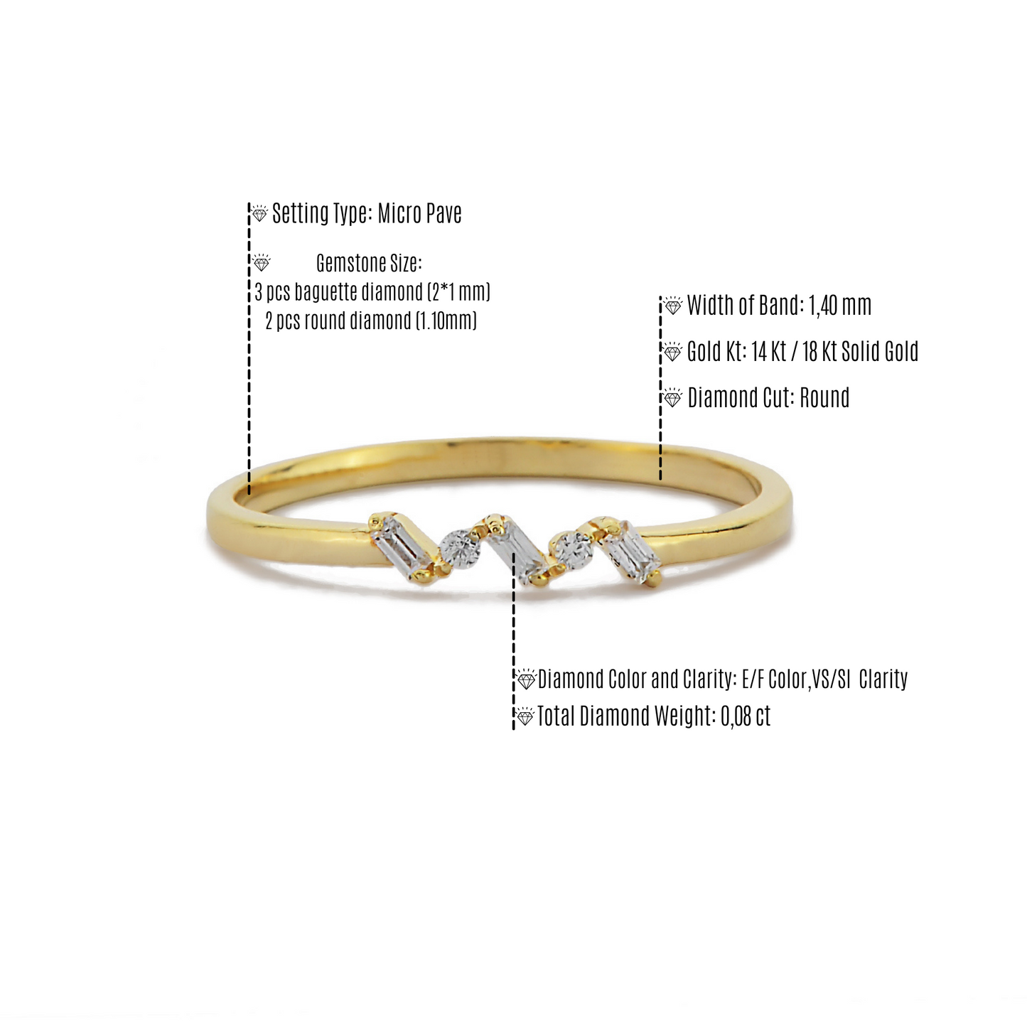 Minimalistische Cluster Zigzag Verlovingsring, Stokbrood En Ronde Diamanten Cocktailring, Handgemaakte Halve Eeuwigheid 14k Massief Gouden Ring
