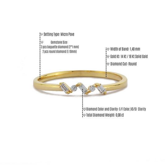 Minimalistische Cluster Zigzag Verlovingsring, Stokbrood En Ronde Diamanten Cocktailring, Handgemaakte Halve Eeuwigheid 14k Massief Gouden Ring