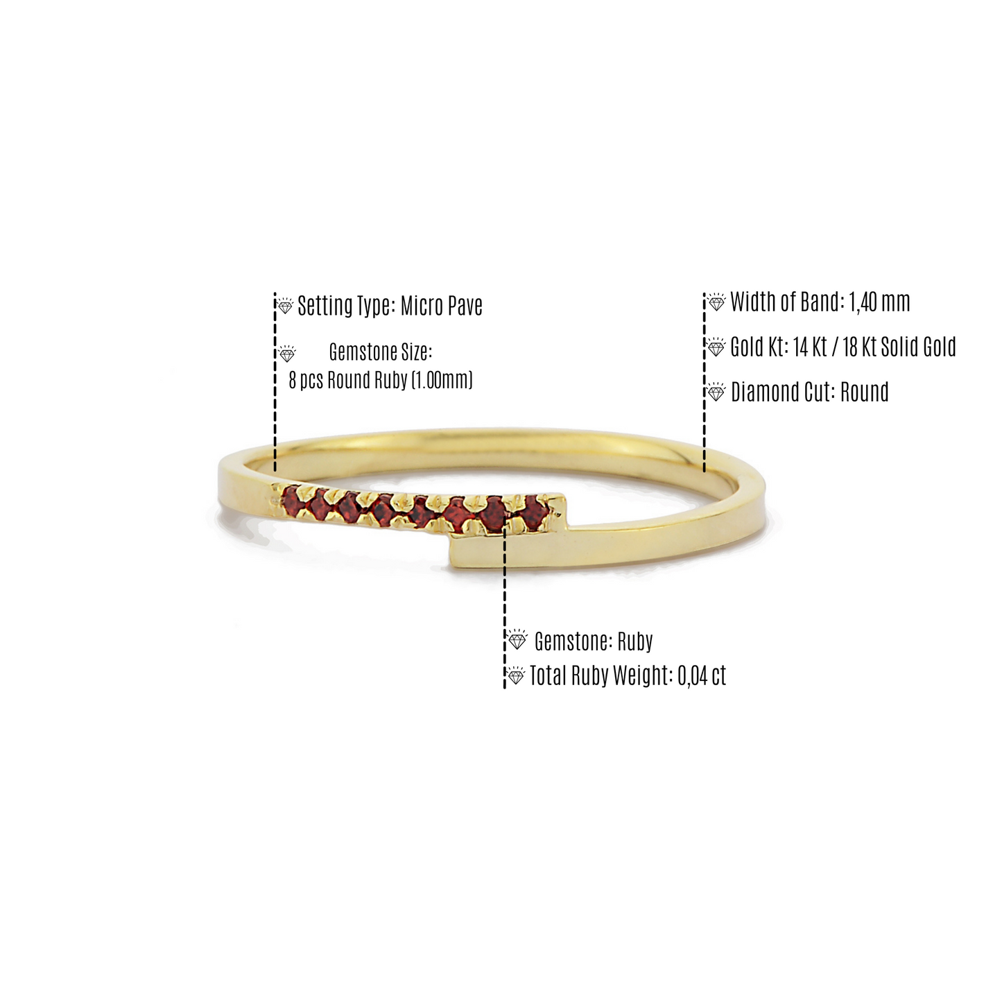 Parallelle Minimalistische Rode Robijn Diamanten Bandring, Kruis Over Kleine Diamanten Clusterring, Handgemaakte 14k 18k Massief Gouden Ring