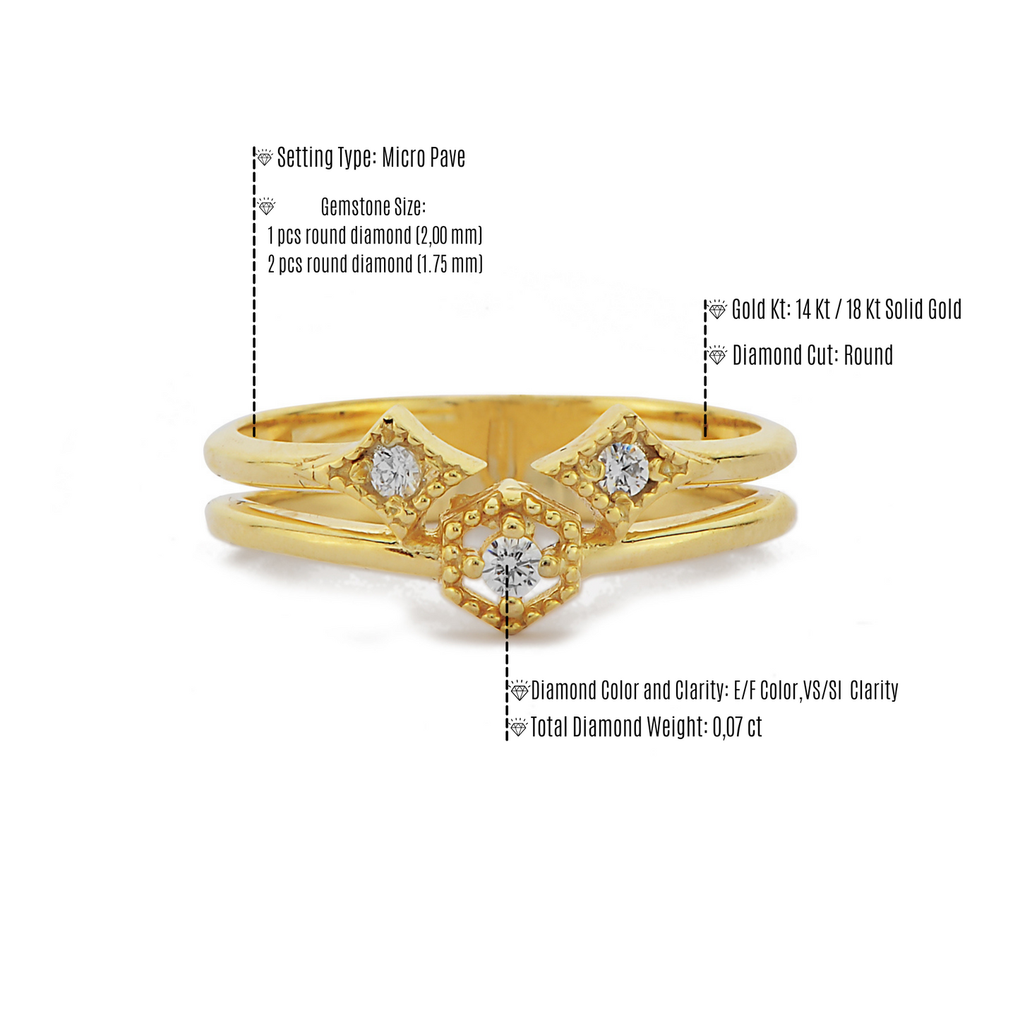 Vintage Kralen Enhancer Diamanten Ring, Handgemaakt Ronde Geslepen Solitaire 14k Gouden Ring