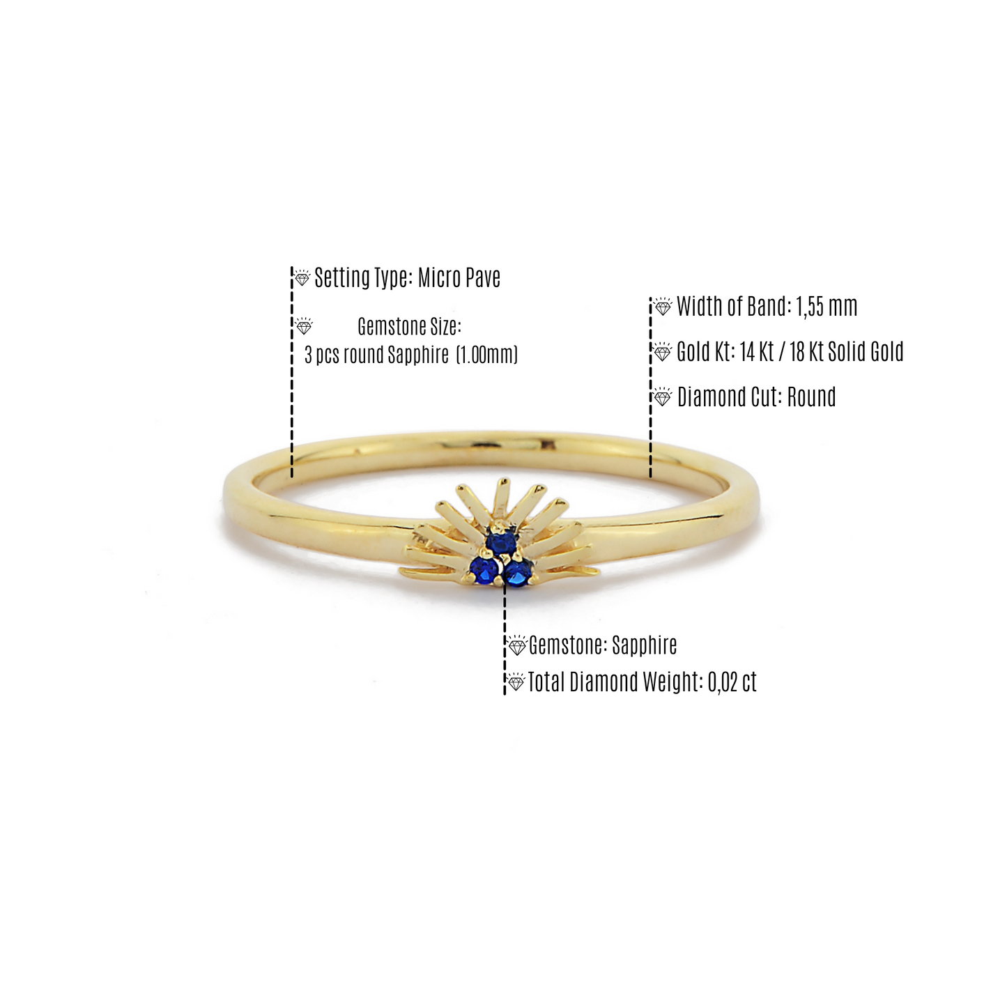 Trio Blauwe Saffier Diamanten Massief Gouden Dames Ring